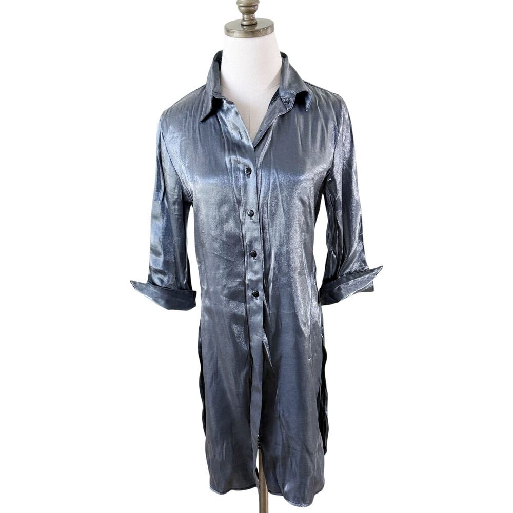 Vintage Y2K Younique Clothing Metallic Silver Button Down Tunic Sz S Made in USA